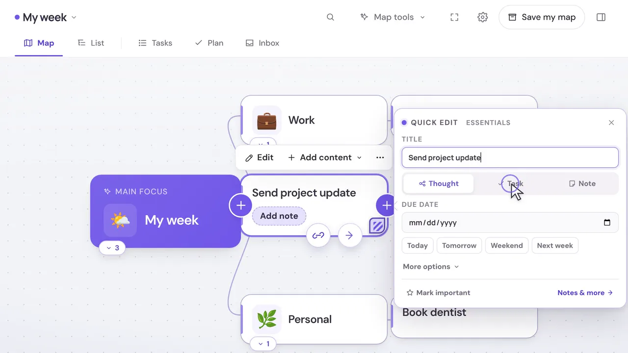 HeadTidy’s weekly mind map with Send project update saved as a task